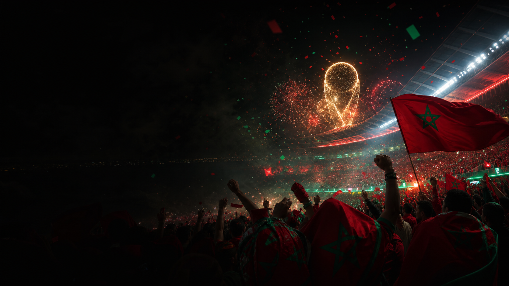Morocco supporters celebrating in a night stadium
